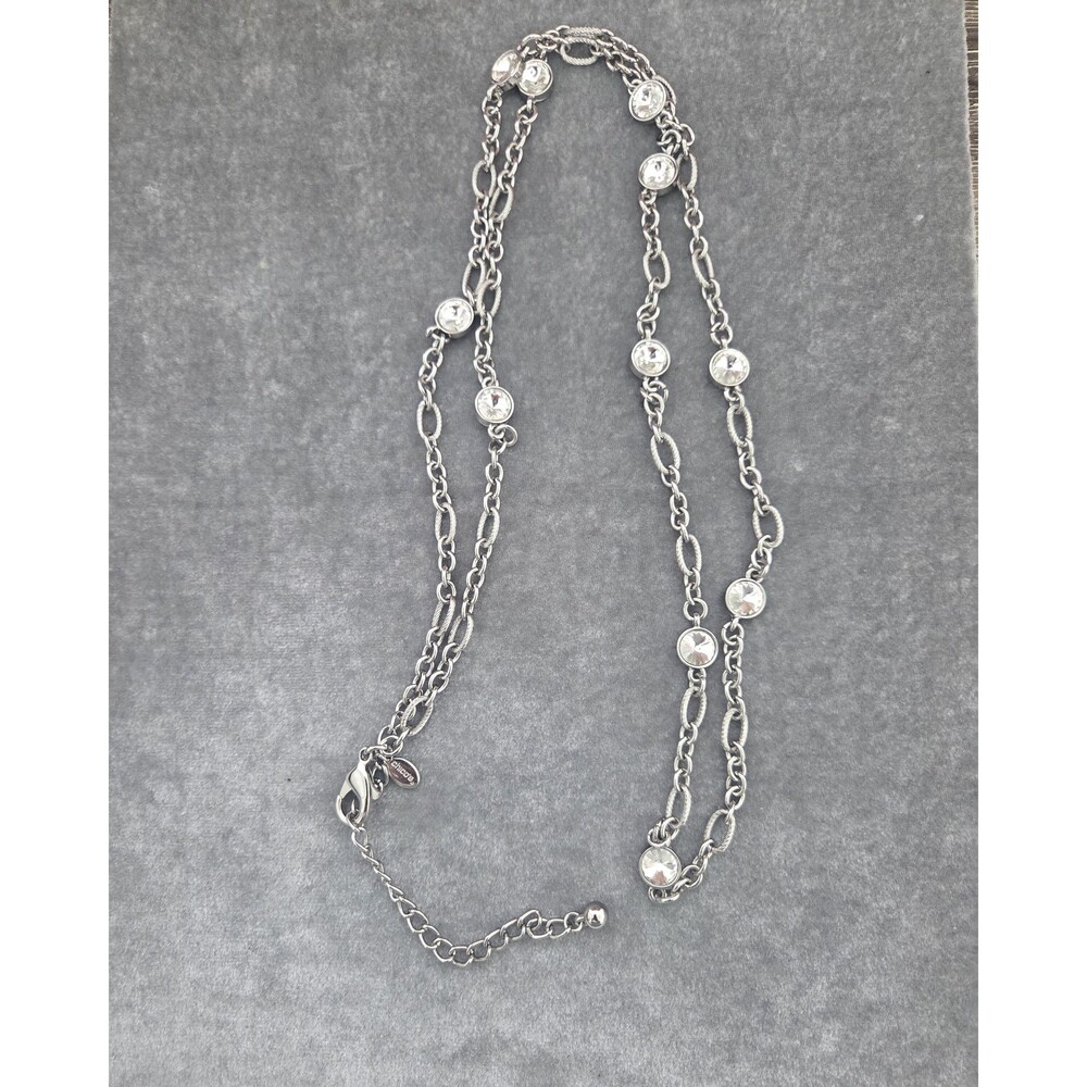Chicos Silver Station Necklace – Long Bezel Set Crystal Chain (36–40 inches)